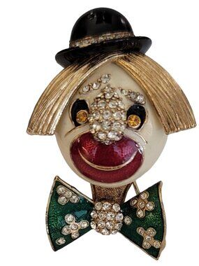 Ciner Gold Tone Enamel Rhinestone Coco The Clown Brooch, Signed K619